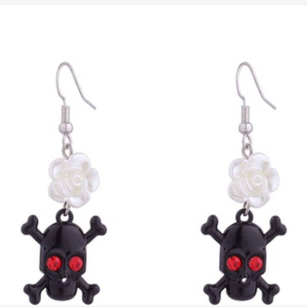 Skull & Crossbone Dangle Drop Earrings With Red Gems/Rinestones For Eyes - Picture 6 of 7